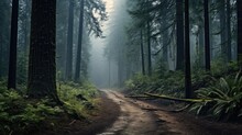 A Misty Forest With Towering Trees And A Winding Path