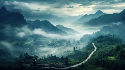 Wall Mural - A misty mountain landscape with a winding road