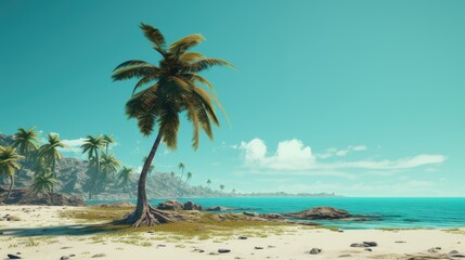 Wall Mural - A deserted island with a lone palm tree swaying in the breeze