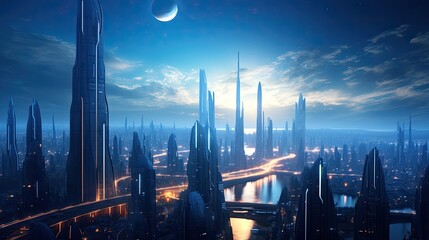 Wall Mural - A futuristic cityscape with a blue sky and glowing buildings