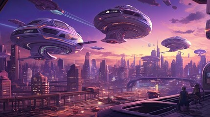 Wall Mural - A futuristic cityscape with a purple sky and flying cars