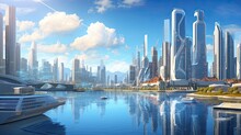 A Futuristic Cityscape With A View Of The Harbor And A Blue Sky