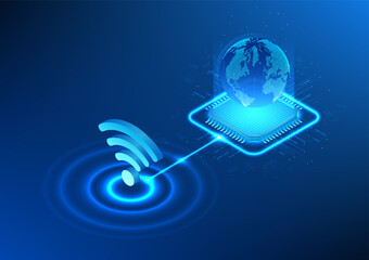 Poster - wifi technology with digital light lines connected to a microchip on top of a globe. shows wi-fi tha