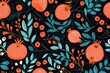 Abstract pomegranate drawing seamless pattern. Fresh organic fruits and blooming flowers on seeds background. Vector illustration for kitchen wallpaper, health care products, fabric, Generative AI