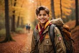 Fototapeta  - A boy scout with a backpack, walking with a stick in hand along a forest trail covered in autumn leaves, International Boy Scout Day Concept