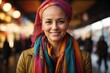 © Naveen - Portrait of a smiling bald woman wearing a vibrant, patterned scarf. Her eyes should convey strength and hope, capturing the essence of resilience in the face of cancer.