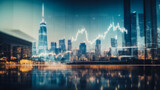 Fototapeta Nowy Jork - Double exposure of business chart and cityscape background. Investment and trading concept. Trading market and economic concept . cryptocurrency, bitcoin and altcoin trading