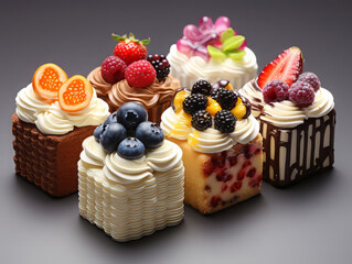 Wall Mural - Luxurious A top view chocolate cakes with donuts designed with fruits on the white background cake