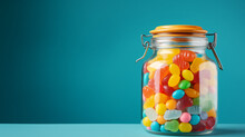 Jar Staffed Sweet Colorful Candy Against Turquoise Background