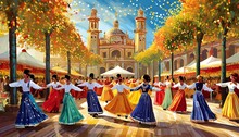 Illustrations Of Festival Celebration In Seville, Flamenco Dancers, Colorful Tents, And Lively Processions