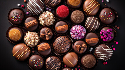 Wall Mural - mix of chocolate candies top view on dark background . delicious sweet snack