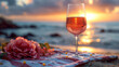 Close-up of rosé wine glass on a beach towel, with a blurred background of a beach scene, copy space