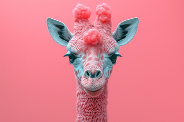 Poster - A depiction of a knitted Giraffe, on a pastel coloored backgrond.