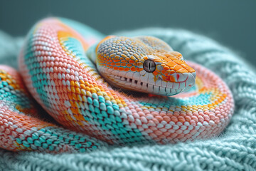 Poster - A depiction of a knitted Snake, on a pastel coloored backgrond.