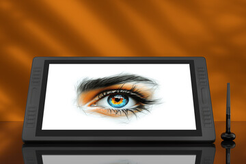 Poster - Big Size of Digital Graphics Drawing Tablet Monitor with Pen and Abstract Drawing of a Vibrant Colored Female Eye. 3d Rendering