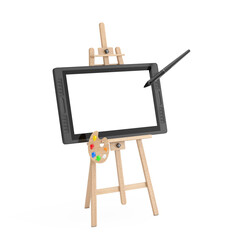 Poster - Wooden Artist Easel with Big Size of Digital Graphics Drawing Tablet Monitor with Pen and Blank Screen for Your Design. 3d Rendering