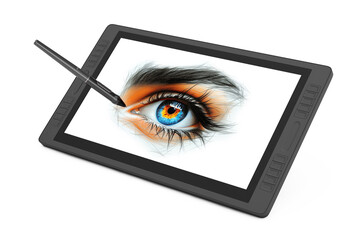 Leinwandbilder - Big Size of Digital Graphics Drawing Tablet Monitor with Pen and Abstract Drawing of a Vibrant Colored Female Eye. 3d Rendering