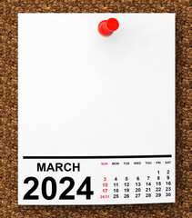 Poster - Calendar March 2024 on Blank Note Paper. 3d Rendering