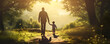 A father and son walking in the forest with the sun shining through the trees.
fathers day concept A man and a child walk down a path holding hands. fathers day backgrounds