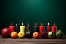 Kwanzaa Holiday Concept With Decorate Seven Candles Red, Black And Green, Gift Box, Bright Color