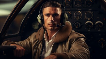 Canvas Print - An experienced handsome male pilot sitting in the cockpit of a helicopter, wearing headphones before takeoff.