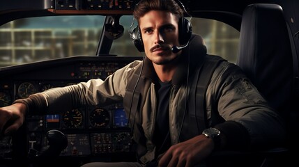 Canvas Print - An experienced handsome male pilot sitting in the cockpit of an airplane, wearing headphones before takeoff.