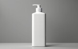 Fototapeta  - In a 3D illustration, a white plastic shampoo bottle is presented from a frontal perspective, set against a gray backdrop.