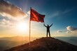 © mr Wajed - Silhouette of businessman holding flag on the top of mountain with over blue sky and sunlight. It is symbol of leadership successful achievement with goal and objective target