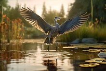 A Bird Flying Over A Pond Spreads Its Wings