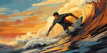 Professional Surfer Riding Waves. Man Catching Waves In Ocean Surfing Action Water Board Sport. Water Sport. Beach Swimming Activity On Summer Vacation. Extreme Sport. Surfing At Sunset Time