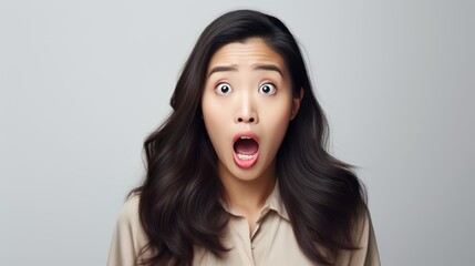 Wall Mural - A Portrait of a beautiful Asian woman shocked on a white isolated transparent background.