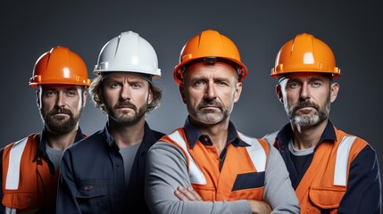 Wall Mural - A Confident team of engineers, wearing hard plastic helmets, arms crossed, looking up, white isolated background.