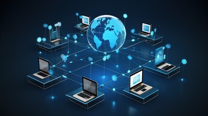 A data exchange, digital marleting infographic with communication network icons, internet network connection, photo, on a blue background.