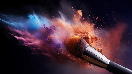 Wall Mural - cosmetics brush with glowing face powder dust explosion on black background