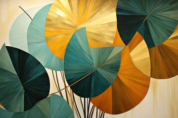 Colorful Asian Umbrella: A Vibrant Artwork of Traditional Asian Design and Nature-inspired Elements on a Retro Geometric Background