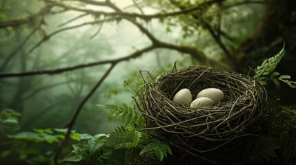  a bird's nest with three eggs in the middle of a forest filled with green leaves and branches, with sunlight streaming through the branches and fog in the background.