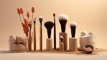 Wall Mural - set of cosmetic products for makeup with natural brushes