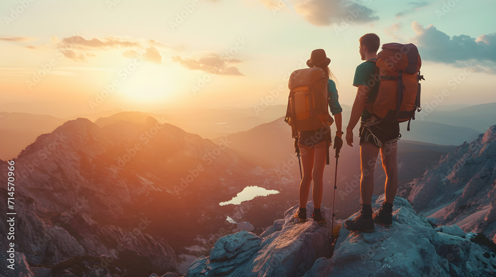 Couple of man and woman hikers on top of the mountain at sunset or ...