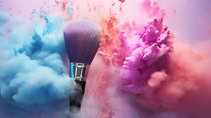 Wall Mural - two brushes with pink and blue makeup powder impact. colorful powder explode