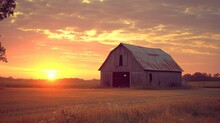 An Old Barn Near Field During A Golden Hour Sunset