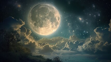 a painting of a full moon in the night sky with clouds and trees in the foreground and a dark blue s