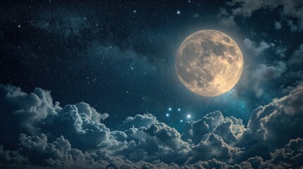Naklejka na meble  a full moon in the night sky with clouds and stars in the foreground and a dark blue sky with a few white clouds and a few stars in the foreground.