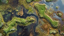  An Aerial View Of A Body Of Water Surrounded By Green Moss Covered Rocks And Grass, With A Small Patch Of Blue Water In The Middle Of The Water In The Foreground.