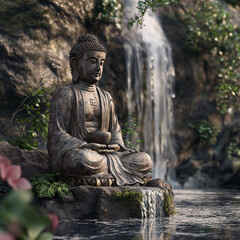 Buddha statue infront of peaceful waterfall generative ai