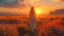  A Woman Standing In A Field Of Flowers With The Sun Setting Behind Her And A Mountain Range In The Distance, Behind Her Is A Field Of Red Poppies.