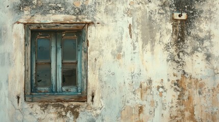 Sticker -  a window on the side of a building with peeling paint and a rusted iron grate on the outside of the window, and a rusted out wall.