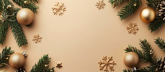 Wall Mural - Golden snowflakes, Xmas tree branches, balls on beige background. Flat lay, top view in a Christmas frame.