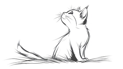 Canvas Print -  a black and white drawing of a cat sitting in the grass looking up at the sky with its head tilted to the side of the cat's head, looking up.