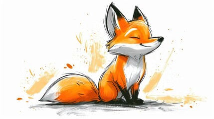 Canvas Print -  a drawing of a fox sitting on the ground with its eyes closed and it's head turned to the side, with its eyes closed and mouth wide open.