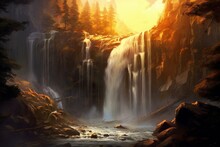 A Radiant Sun Shines On A Majestic Waterfall With Cascading Water. Generative AI